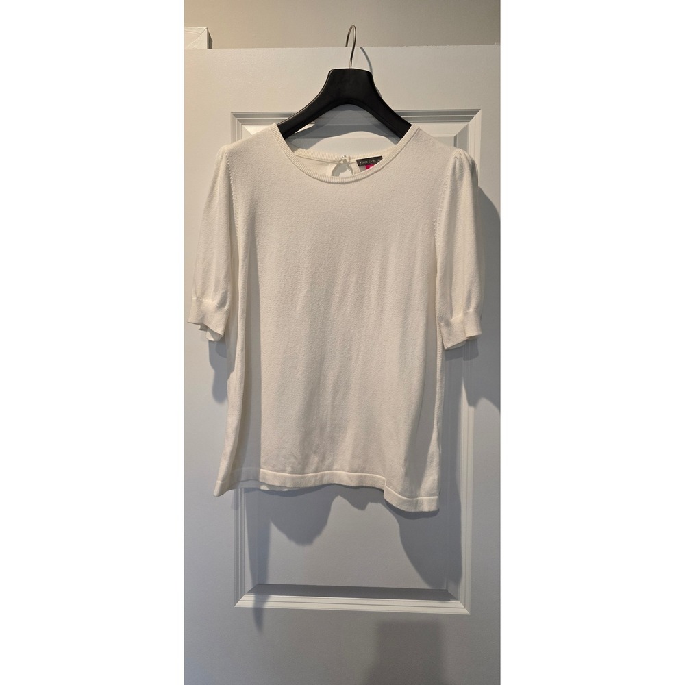 Vince Camuto Ivory‎ White Puff Short Sleeve Keyhole Back Knit Sweater Top Large - Picture 2 of 5